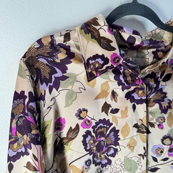 Vintage Y2K i.e. Woman Blouse 2X 100% Silk Button Front Floral Satin Artsy Asian - Picture 2 of 7